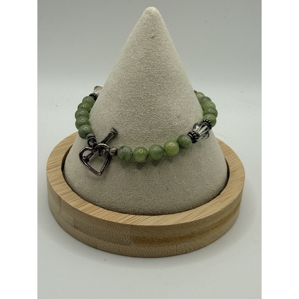 Sterling Silver Green Stone Glass Bracelet Heart Toggle Clasp 7"